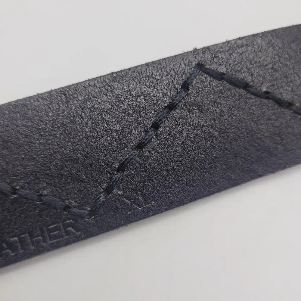 Black Leather Belt XL Oval Buckle Zig Zag Stitch Rustic Utility Utilitarian Boho